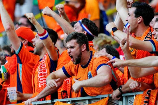 The Netherlands fans enjoy the pre-match atmosphere Netherlands v England, UEFA European Championship, EM, Europameisterschaft 2024, Semi Final, Football, BVB Stadion, Dortmund, Germany - 10 Jul 2024 EDITORIAL USE ONLY No use with unauthorised audio, video, data, fixture lists, club league logos or live services. Online in-match use limited to 120 images, no video emulation. No use in betting, games or single club league player publications. Copyright: xDavexShopland Shutterstockx 14576902n