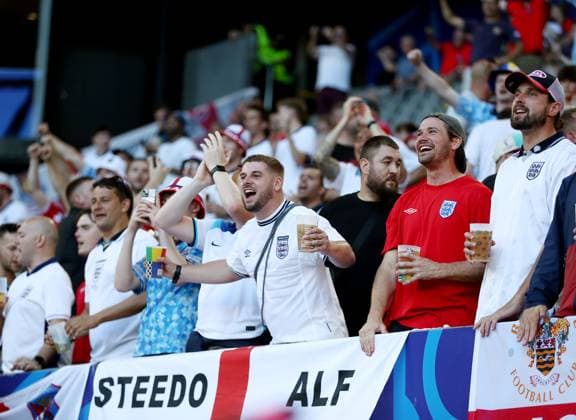 England fans in the stadium ahead of the game Netherlands v England, UEFA European Championship, EM, Europameisterschaft 2024, Semi Final, Football, BVB Stadion, Dortmund, Germany, 10 Jul 2024 EDITORIAL USE ONLY No use with unauthorised audio, video, data, fixture lists, club league logos or live services. Online in-match use limited to 120 images, no video emulation. No use in betting, games or single club league player publications. Copyright: xMichaelxZemanek Shutterstockx 14576899q