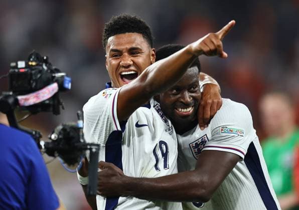 Ollie Watkins of England and Marc Guà hi of England celebrate winning the game at full time Netherlands v England, UEFA European Championship, EM, Europameisterschaft 2024, Semi Final, Football, BVB Stadion, Dortmund, Germany, 10 Jul 2024 EDITORIAL USE ONLY No use with unauthorised audio, video, data, fixture lists, club league logos or live services. Online in-match use limited to 120 images, no video emulation. No use in betting, games or single club league player publications. Copyright: xMichaelxZemanek Shutterstockx 14576899ep