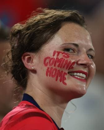 EURO 2024, Die Highlights Dortmund, Germany, 10th July 2024. England fan celebrates what ˜it™s coming home™ written on her face after the UEFA European Championships semi final match at BVB Stadion, Dortmund. Picture credit should read: Paul Terry Sportimage EDITORIAL USE ONLY. No use with unauthorised audio, video, data, fixture lists, club league logos or live services. Online in-match use limited to 120 images, no video emulation. No use in betting, games or single club league player publications. SPI-3222-0217
