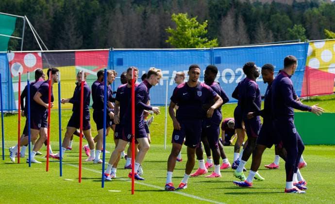 All England players training ahead of tomorrow s final vs Spain England Training, UEFA European Championship, EM, Europameisterschaft 2024, Final, Football, Spa & Golf Resort Weimarer Land, Blankenhain, Germany, 13 Jul 2024 EDITORIAL USE ONLY No use with unauthorised audio, video, data, fixture lists, club league logos or live services. Online in-match use limited to 120 images, no video emulation. No use in betting, games or single club league player publications. Copyright: xDavexShopland Shutterstockx 14583292av