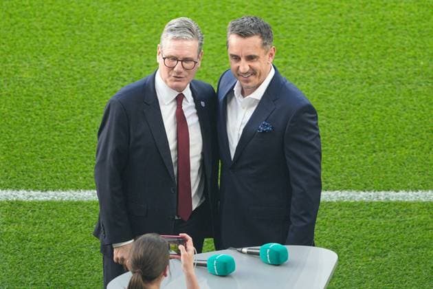 Sir Keir Starmer, Prime Minister of the United Kingdom is interviewed by Gary Neville on ITV Spain v England, UEFA European Championship, EM, Europameisterschaft 2024, Final, Football, Olympiastadion, Berlin, Germany, 14 Jul 2024 EDITORIAL USE ONLY No use with unauthorised audio, video, data, fixture lists, club league logos or live services. Online in-match use limited to 120 images, no video emulation. No use in betting, games or single club league player publications. Copyright: xDavexShopland Shutterstockx 14583342v