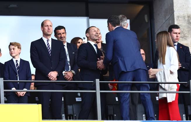Prince William, Prince of Wales and The FA President with Prince George, Prince of Wales and UEFA President Aleksander Ceferin and King Felipe VI of Spain and Her Royal Highness the Infanta Sofia Spain v England, UEFA European Championship, EM, Europameisterschaft 2024, Final, Football, Olympiastadion, Berlin, Germany, 14 Jul 2024 EDITORIAL USE ONLY No use with unauthorised audio, video, data, fixture lists, club league logos or live services. Online in-match use limited to 120 images, no video emulation. No use in betting, games or single club league player publications. Copyright: xMichaelxZemanek Shutterstockx 14583343ba