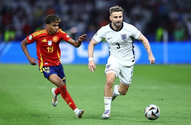 Lamine Yamal of Spain and Luke Shaw of England Spain v England, UEFA European Championship, EM, Europameisterschaft 2024, Final, Football, Olympiastadion, Berlin, Germany, 14 Jul 2024 EDITORIAL USE ONLY No use with unauthorised audio, video, data, fixture lists, club league logos or live services. Online in-match use limited to 120 images, no video emulation. No use in betting, games or single club league player publications. Copyright: xMichaelxZemanek Shutterstockx 14583343cb