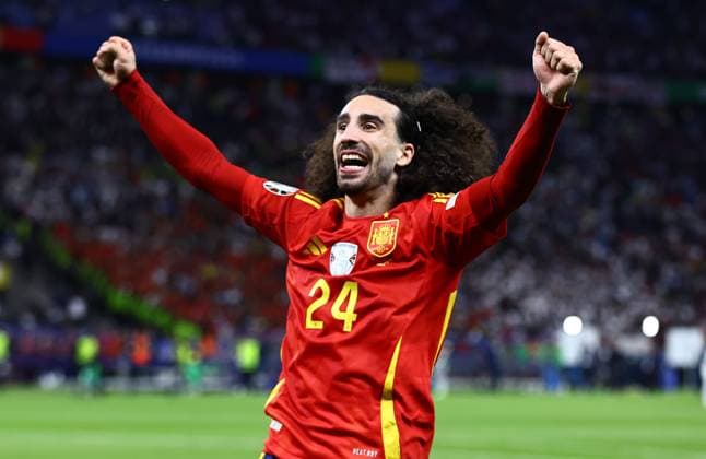 Marc Cucurella of Spain celebrate winning the 2024 UEFA European Football Championship Spain v England, UEFA European Championship, EM, Europameisterschaft 2024, Final, Football, Olympiastadion, Berlin, Germany, 14 Jul 2024 EDITORIAL USE ONLY No use with unauthorised audio, video, data, fixture lists, club league logos or live services. Online in-match use limited to 120 images, no video emulation. No use in betting, games or single club league player publications. Copyright: xMichaelxZemanek Shutterstockx 14583343el