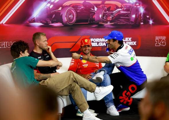 18 Lance Stroll (CAN, Aston Martin Aramco F1 Team), 20 Kevin Magnussen (DNK, MoneyGram Haas F1), 55 Carlos Sainz (ESP, Scuderia Ferrari HP), 3 Daniel Ricciardo (AUS, Visa Cash App RB Formula One Team), F1 Grand Prix of Belgium at Circuit de Spa-Francorchamps on July 25, 2024 in Spa-Francorchamps, Belgium. (Photo by HOCH ZWEI) Spa-Francorchamps Belgium