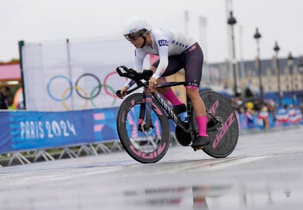 Chloe Dygert of the U.S. competes in the Women s Road cycling, Rad, Radsport, Strasse Individual Time trial at the Paris 2024 Olympic Games, Olympische Spiele, Olympia, OS in Paris, France, on Saturday, July 27, 2024. Grace Brown of Australia won the gold medal, Anna Henderson of Great Britain won the silver and Dygert took the bronze. OLY202407271523 PAULxHANNA