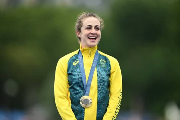 OLY24 CYCLING ROAD, Australian cyclist Grace Brown reacts after winning a gold medal during the Women s Individual Time Trial at Pont Alexandre III as part of the 2024 Paris Olympic Games, Olympische Spiele, Olympia, OS in Paris, France, Saturday, July 27, 2024. ( NO ARCHIVING, EDITORIAL USE ONLY, NO USE IN BOOKS WITHOUT CONSENT PARIS FRANCE Copyright: xJOELxCARRETTx 20240728141486869745