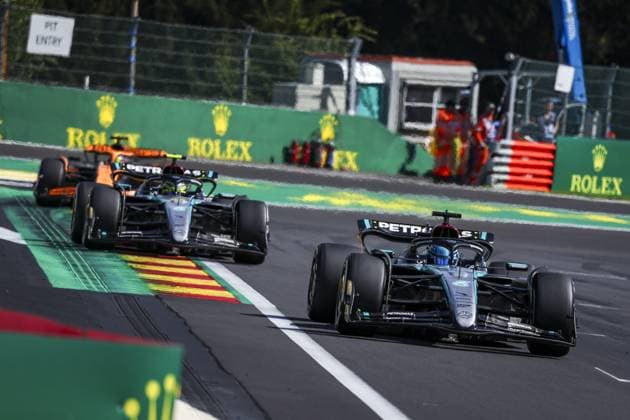 63 RUSSELL George (gbr), Mercedes AMG F1 Team W15, 44 HAMILTON Lewis (gbr), Mercedes AMG F1 Team W15, action during the Formula 1 Rolex Belgian Grand Prix 2024, 14th round of the 2024 Formula One World Championship, WM, Weltmeisterschaft from July 26 to 28, 2024 on the Circuit de Spa-Francorchamps, in Stavelot, Belgium - F1 - BELGIAN GRAND PRIX 2024 DPPI Panoramic 240728_R14_BELGIO_DP_FG006593
