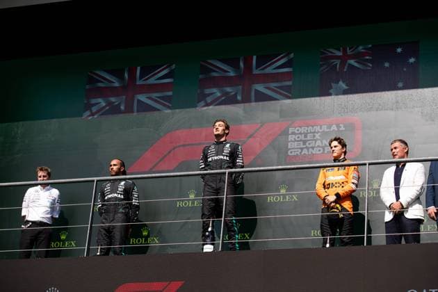 Podium RUSSELL George (gbr), Mercedes AMG F1 Team W15, portrait HAAS Gene (usa), Founder & Chairman of Haas Automation, portrait NORRIS Lando (gbr), McLaren F1 Team MCL38, portrait during the Formula 1 Rolex Belgian Grand Prix 2024, 14th round of the 2024 Formula One World Championship, WM, Weltmeisterschaft from July 26 to 28, 2024 on the Circuit de Spa-Francorchamps, in Stavelot, Belgium - F1 - BELGIAN GRAND PRIX 2024 DPPI Panoramic 240728_R14_BELGIO_DP__F_13454.CR2_
