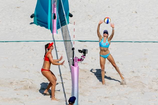 July 29, 2024, Paris, Ile de France, France: DANIELA ALVAREZ MENDOZA, Spain, and HUEBERLI TANJA, Switerland, during the Preliminary Phase - Pool F Women s Beach volleyball, Beachvolleyball match at the Stade Tour Eiffel stadium during the 2024 Paris Summer Olympics in Paris, France.SWITZERLAND WON 2-0. Paris France - ZUMAa19_ 20240729_oly_a19_001 Copyright: xAngelxAdamsx