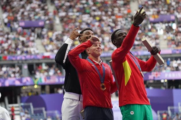 Olympic Games, Olympische Spiele, Olympia, OS Paris 2024, Olympische Spiele 2024, 26.07-10.08.2024 , Leichtathletik, Track and Field, Zehnkampf Siegerehrung, Leo Neugebauer Silber Medaille, Markus Rooth, Gold, Victor Linton, Bronze