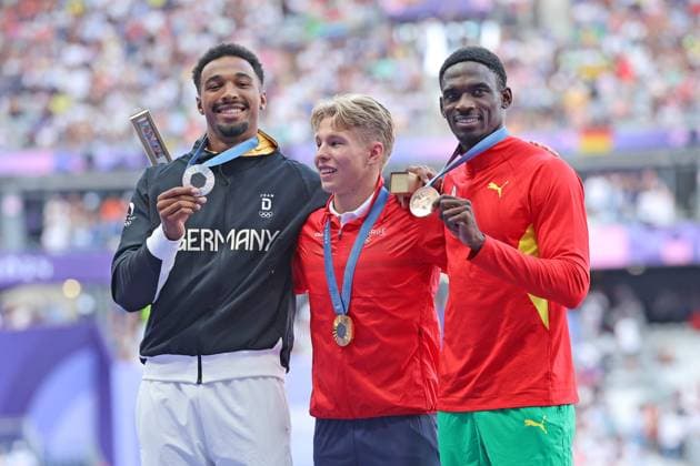 Siegerehrung, Silber für Leo Neugebauer (GER), Gold für Markus Rooth (NOR), Bronze für Lindon Victor (GRD - Grenada), Zehnkampf, Athletics, Paris 2024, Olympic Games, Olympische Spiele, Olympia, OS Paris 2024, Olympic Games 2024, 04.08.2024, -