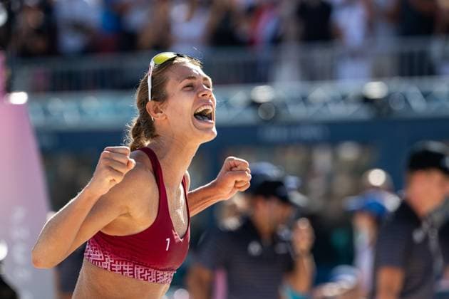 MUELLER Svenja, TILLMANN Cinja (Deutschland) vs GRAUDINA Tina, SAMOILOVA Anastasija (Lettland), GRAUDINA Tina (Lettland) jubelt ueber den Sieg, FRA, Olympische Spiele Paris 2024, Beachvolleyball, Frauen Achtelfinale, 05.08.2024 FRA, Olympische Spiele Paris 2024, Beachvolleyball, Frauen Achtelfinale, 05.08.2024 Paris Copyright: xEibner-Pressefoto Memmlerx EP_MMR