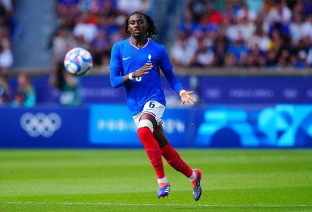 Manu Kone of France during the Olympic Men s Football Final, France v Spain Paris 2024 Olympic Games, Olympische Spiele, Olympia, OS Day Fourteen, Paris, France - 09 Aug 2024 EDITORIAL USE ONLY No use with unauthorised audio, video, data, fixture lists (outside the EU), club league logos or live services. Online in-match use limited to 45 images (+15 in extra time). No use to emulate moving images. No use in betting, games or Copyright: xJavierxGarcia Shutterstockx 14622991aa