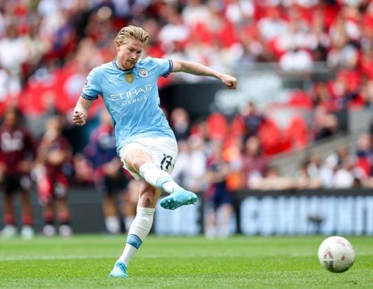 Kevin De Bruyne of Manchester City scores his penalty in the penalty shoot out Manchester City v Manchester United, ManU Football, FA Community Shield, Wembley Stadium, London, UK - 10 08 2024 EDITORIAL USE ONLY No use with unauthorised audio, video, data, fixture lists (outside the EU), club league logos or live services. Online in-match use limited to 45 images (+15 in extra time). No use to emulate moving images. No use in betting, games or Copyright: xMattxImpey Shutterstockx 14630701bz