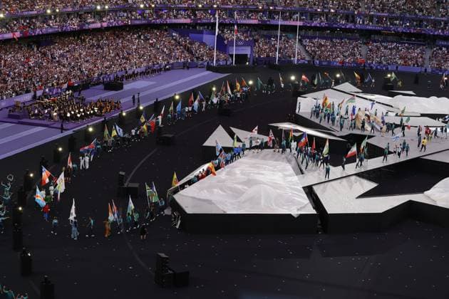 Emmanuel Macron Président de la République française, Thomas Bach Président du Comité international olympique Tony Estanguet Closing Ceremony during the Olympic Games, Olympische Spiele, Olympia, OS Paris 2024 on 11 August 2024 at Stade de France in Saint-Denis near Paris, France - Photo Gregory Lenormand DPPI Media Panoramic OLYMPIC GAMES PARIS 2024 - CLOSING CEREMONY DPPI Panoramic 21024019_GRL_73663