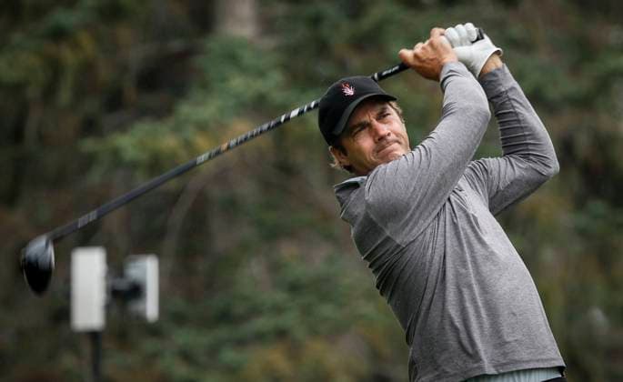 August 16, 2024, Calgary, Ab, CANADA: Mario Tiziani, of the United States, hits from the 18th tee during the PGA, Golf Herren Tour Champions golf event in Calgary, Alta., Friday, Aug. 16, 2024. Mario Tiziani, - ZUMAc35_ 20240816_zaf_c35_089 Copyright: xJeffxMcintoshx
