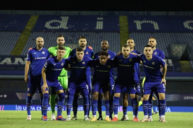Zagreb, 20.08.2024. - Stadion Maksimir, UEFA CHAMPIONS LEAGUE - 2024 25 Play-offs 1st leg - GNK Dinamo (blue) - QarabaÄü FK (white) 3:0 Ivan Nevistic (GK-33), Bruno Petkovic (C-9), Martin Baturina (10), Arbër Hoxha (11), Samy Mmaee (13), Ronaël Pierre-Gabriel (18), Marko Pjaca (20), Stefan Ristovski (22), Petar Sucic (25), Josip Misic (27), Kà vin Thà ophile-Catherine (28)