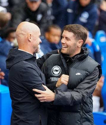 Manchester United, ManU s head coach Erik ten Hag left with Brighton s head coach Fabian Huerzeler before kick off Brighton & Hove Albion v Manchester United, Premier League, Football, American Express Community Stadium, Brighton, UK, 24 Aug 2024 EDITORIAL USE ONLY No use with unauthorised audio, video, data, fixture lists, club league logos or live services. Online in-match use limited to 120 images, no video emulation. No use in betting, games or single club league player publications. Copyright: xDavexShopland Shutterstockx 14656114an