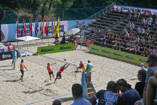 From left Jacob Holting Nilsson, Elmer Andersson, both of Sweden, Javier Huerta, Alejandro Huerta, both of Spain in action during the Brno Beach Pro, Beach volleyball, Beachvolleyball tournament of Futures category, on August 25, 2024, in Brno, Czech Republic. (CTKxPhoto VaclavxSalek) CTKPhotoP2024082503748 CTKPhotoP2024082503748