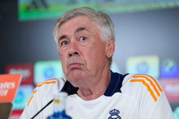 August 28, 2024, Valdebebas, Madrid, SPAIN: Carlo Ancelotti, head coach of Real Madrid, attends his press conference, PK, Pressekonferenz during the training day of Real Madrid ahead the Spanish League, LaLiga EA Sports, football match against UD Las Palmas at Ciudad Deportiva Real Madrid on August 28, 2024, in Valdebebas, Madrid, Spain. Valdebebas SPAIN - ZUMAa181 20240828_zaa_a181_063 Copyright: xOscarxJ.xBarrosox