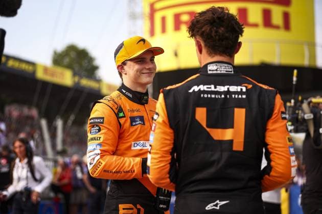 PIASTRI Oscar (aus), McLaren F1 Team MCL38 and NORRIS Lando (gbr), McLaren F1 Team MCL38, portrait during the Formula 1 Pirelli Gran Premio d’Italia 2024, Italian Grand Prix 2024, 16th round of the 2024 Formula One World Championship, WM, Weltmeisterschaft from August 30 to September 1, 2024 on the Autodromo Nazionale Monza, in Monza, Italy - F1 - ITALIAN GRAND PRIX 2024 DPPI Panoramic 240831_R16_ITALIA_DP_EA029436