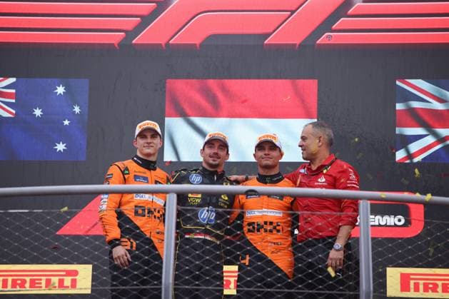 Oscar Piastri (McLaren Formula 1 Team, 81), Lando Norris (McLaren Formula 1 Team, 04), Charles Leclerc (Scuderia Ferrari HP, 16) Parc Ferme, Podium, Rennen, ITA, Formel 1 Weltmeisterschaft, Italian Grand Prix, Autodromo Nazionale Monza, Race Day, 01.09.2024 ITA, Formel 1 Weltmeisterschaft, Italian Grand Prix, Italien, Autodromo Nazionale Monza, 01.09.2024 Monza Copyright: xEibner-Pressefoto AnnikaxGrafx EP_AGF