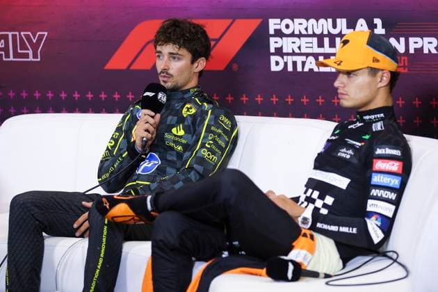 LECLERC Charles (mco), Scuderia Ferrari SF-24, portrait and NORRIS Lando (gbr), McLaren F1 Team MCL38, portrait press conference, PK, Pressekonferenz during the Formula 1 Pirelli Gran Premio d’Italia 2024, Italian Grand Prix 2024, 16th round of the 2024 Formula One World Championship, WM, Weltmeisterschaft from August 30 to September 1, 2024 on the Autodromo Nazionale Monza, in Monza, Italy - F1 - ITALIAN GRAND PRIX 2024 DPPI Panoramic 240901_R16_ITALIA_DP_EA019123
