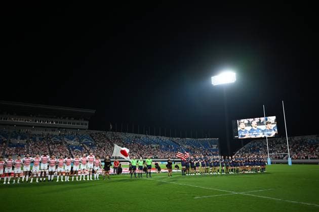 (L-R) Japan team group, Mannschaftsbild, Totale (JPN), USA team group, SEPTEMBER 7, 2024 - Rugby : 2024 World Rugby Pacific Nations Cup match between Japan 41-24 United States at Kumagaya Rugby Ground in Kumagaya, Japan. Noxthirdxpartyxsales (265734223)