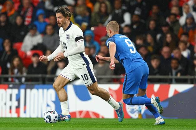 Jack Grealish of England under pressure from Fredrik Jensen of Finland England v Finland, UEFA Nations League, League B, Group 2, Football, Wembley Stadium, London, UK, 10 Sep 2024 EDITORIAL USE ONLY No use with unauthorised audio, video, data, fixture lists, club league logos or live services. Online in-match use limited to 120 images, no video emulation. No use in betting, games or single club league player publications. Copyright: xKieranxMcManus Shutterstockx 14706825aq