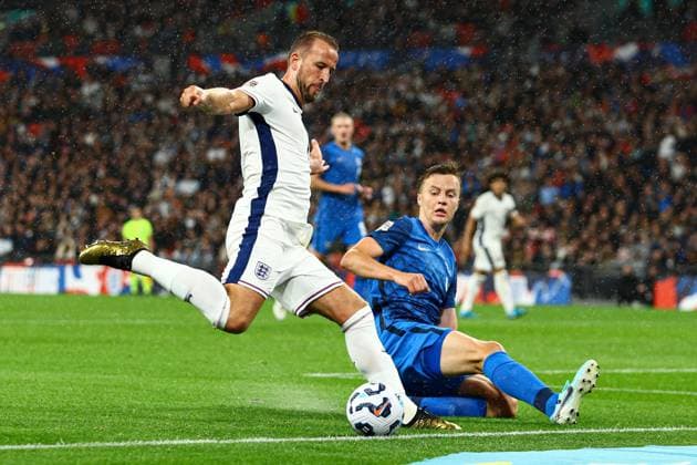 Harry Kane of England is tackled by Robert Ivanov of Finland England v Finland, UEFA Nations League, League B, Group 2, Football, Wembley Stadium, London, UK, 10 Sep 2024 EDITORIAL USE ONLY No use with unauthorised audio, video, data, fixture lists, club league logos or live services. Online in-match use limited to 120 images, no video emulation. No use in betting, games or single club league player publications. Copyright: xKieranxMcManus Shutterstockx 14706825bx