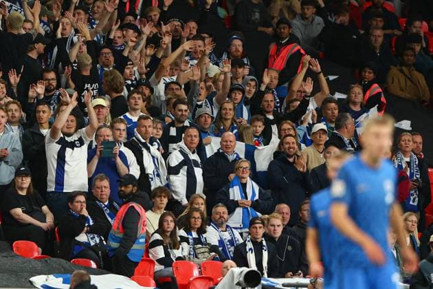 Finland supporters enjoy the atmosphere England v Finland, UEFA Nations League, League B, Group 2, Football, Wembley Stadium, London, UK, 10 Sep 2024 EDITORIAL USE ONLY No use with unauthorised audio, video, data, fixture lists, club league logos or live services. Online in-match use limited to 120 images, no video emulation. No use in betting, games or single club league player publications. Copyright: xKieranxMcManus Shutterstockx 14706825ec