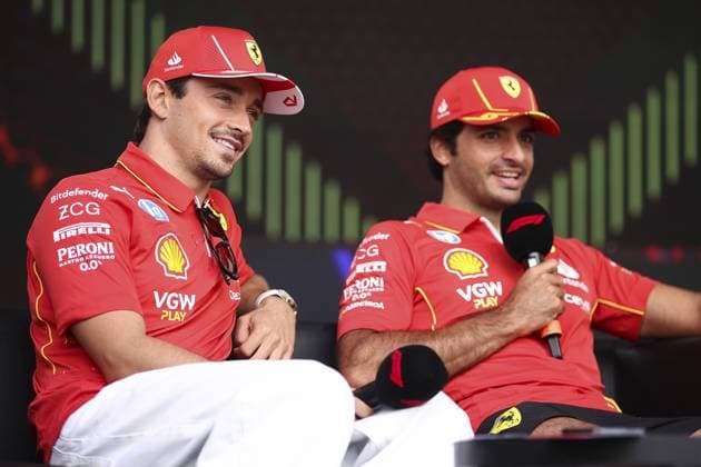 LECLERC Charles (mco), Scuderia Ferrari SF-24, portrait and SAINZ Carlos (spa), Scuderia Ferrari SF-24, portrait during the Formula 1 Azerbaijan Grand Prix 2024, 17th round of the 2024 Formula One World Championship, WM, Weltmeisterschaft from September 13 to 15, 2024 on the Baku City Circuit, in Baku, Azerbaijan - F1 - AZERBAIJAN GRAND PRIX 2024 DPPI Panoramic 240914_R17_AZERBAIJAN_DP_EA023830