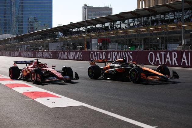 16 LECLERC Charles (mco), Scuderia Ferrari SF-24, action, 81 PIASTRI Oscar (aus), McLaren F1 Team MCL38, action during the Formula 1 Azerbaijan Grand Prix 2024, 17th round of the 2024 Formula One World Championship, WM, Weltmeisterschaft from September 13 to 15, 2024 on the Baku City Circuit, in Baku, Azerbaijan - F1 - AZERBAIJAN GRAND PRIX 2024 DPPI Panoramic 240915_R17_AZERBAIJAN_DP_EA011864