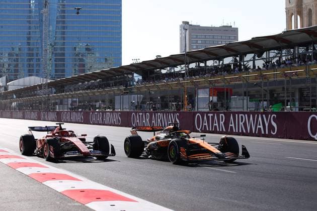 16 LECLERC Charles (mco), Scuderia Ferrari SF-24, action, 81 PIASTRI Oscar (aus), McLaren F1 Team MCL38, action during the Formula 1 Azerbaijan Grand Prix 2024, 17th round of the 2024 Formula One World Championship, WM, Weltmeisterschaft from September 13 to 15, 2024 on the Baku City Circuit, in Baku, Azerbaijan - F1 - AZERBAIJAN GRAND PRIX 2024 DPPI Panoramic 240915_R17_AZERBAIJAN_DP_EA011993