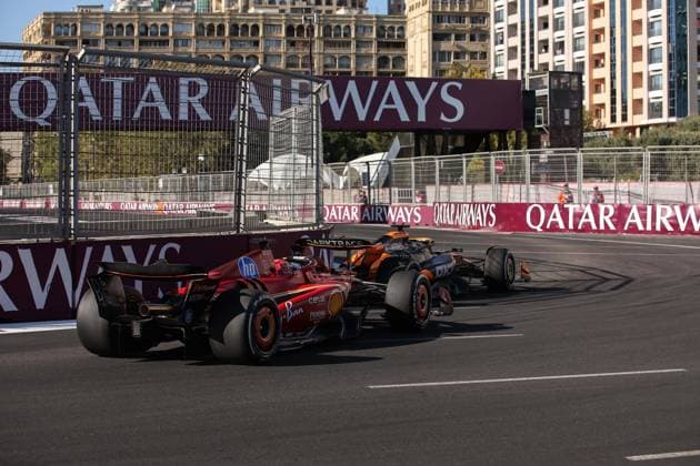 16 LECLERC Charles (mco), Scuderia Ferrari SF-24, action, 81 PIASTRI Oscar (aus), McLaren F1 Team MCL38, action during the Formula 1 Azerbaijan Grand Prix 2024, 17th round of the 2024 Formula One World Championship, WM, Weltmeisterschaft from September 13 to 15, 2024 on the Baku City Circuit, in Baku, Azerbaijan - F1 - AZERBAIJAN GRAND PRIX 2024 DPPI Panoramic 240915_R17_AZERBAIJAN_DP_EA012145