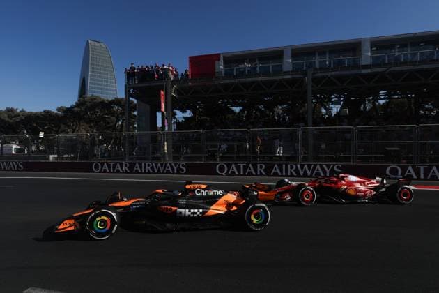 81 PIASTRI Oscar (aus), McLaren F1 Team MCL38, action, 16 LECLERC Charles (mco), Scuderia Ferrari SF-24, action during the Formula 1 Azerbaijan Grand Prix 2024, 17th round of the 2024 Formula One World Championship, WM, Weltmeisterschaft from September 13 to 15, 2024 on the Baku City Circuit, in Baku, Azerbaijan - F1 - AZERBAIJAN GRAND PRIX 2024 DPPI Panoramic 240915_R17_AZERBAIJAN_DP_0I7A0670