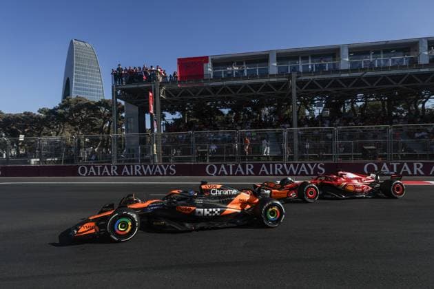 81 PIASTRI Oscar (aus), McLaren F1 Team MCL38, action 16 LECLERC Charles (mco), Scuderia Ferrari SF-24, action during the Formula 1 Azerbaijan Grand Prix 2024, 17th round of the 2024 Formula One World Championship, WM, Weltmeisterschaft from September 13 to 15, 2024 on the Baku City Circuit, in Baku, Azerbaijan - F1 - AZERBAIJAN GRAND PRIX 2024 DPPI Panoramic 240915_R17_AZERBAIJAN_0I7A0669