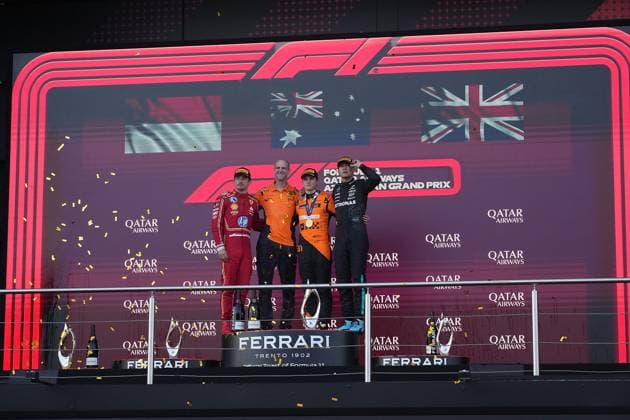 FORMULA 1 QATAR AIRWAYS AZERBAIJAN GRAND PRIX 2024 15.09.2024, Baku City Circuit , Baku, FORMULA 1 QATAR AIRWAYS AZERBAIJAN GRAND PRIX 2024 ,im Bild Sieger Oscar Piastri (AUS), McLaren F1 Team, 2.Platz für Charles Leclerc (MCO), Scuderia Ferrari HP, 3.Platz für George Russell (GBR), Mercedes-AMG Petronas Formula One Team, McLaren Ingenieur Tom Stallard.