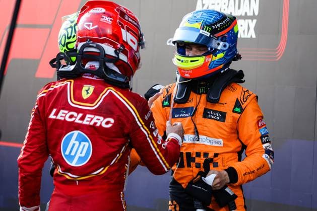 LECLERC Charles (mco), Scuderia Ferrari SF-24, PIASTRI Oscar (aus), McLaren F1 Team MCL38, portrait, during the Formula 1 Azerbaijan Grand Prix 2024, 17th round of the 2024 Formula One World Championship, WM, Weltmeisterschaft from September 13 to 15, 2024 on the Baku City Circuit, in Baku, Azerbaijan - F1 - AZERBAIJAN GRAND PRIX 2024 DPPI Panoramic 240915_R17_AZERBAIJAN_DP_FGDN1037