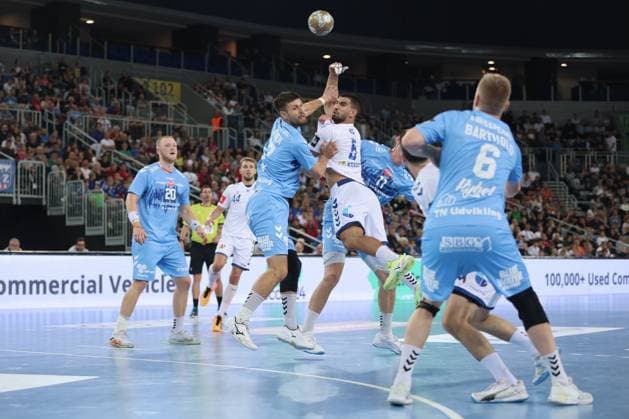 HC Zagreb v Aalborg Handbold - EHF Champions League ZAGREB, CROATIA - SEPTEMBER 18: Milos Kos of HC Zagreb in action against Martin Larsen of Aalborg Handbold during EHF Champions League Group Phase match between HC Zagreb and Aalborg Handbold at Arena Zagreb on September 18, 2024 in Zagreb, Croatia. SanjinxStrukic PIXSELL