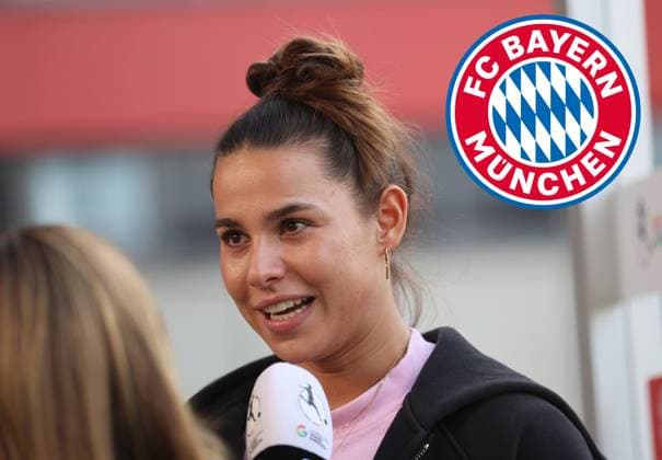 München, Deutschland 24. September 2024: Fussball, FRAUEN, GOOGLE PIXEL FRAUEN-BUNDESLIGA, Saison 2024 2025, FC Bayern München, Campus ! Achtung Montage ! Hier im Bild Lena Oberdorf (FC Bayern München) Kopf, Oberkörper beim Interview, oben rechts das Logo, Wappen des Vereins