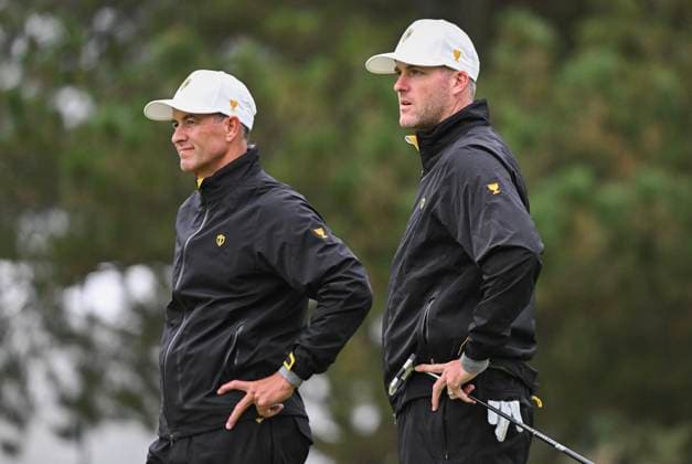 September 25, 2024, Montreal, Pq, Canada: International team members Adam Scott of Australia, left, and Taylor Pendrith of Canada look on during a practice round at the Presidents Cup at Royal Montreal Golf Club in Montreal, Wednesday, September 25, 2024. Canada News - September 25, 2024 - ZUMAc35_ 20240925_zaf_c35_032 Copyright: xGrahamxHughesx
