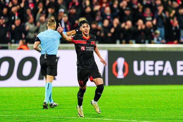 Torjubel nach Tor zum 1:0 Dario Osorio (FC Midtjylland, 11) DEN, FC Midtjylland vs. TSG 1899 Hoffenheim, Fussball, UEFA Europa League, Spieltag 1, Spielzeit 2024 25, 25.09.2024 DEN, FC Midtjylland vs. TSG 1899 Hoffenheim, Fussball, UEFA Europa League, Spieltag 1, Spielzeit 2024 25, 25.09.2024 Herning Copyright: xEibner-Pressefoto MarcelxvonxFehrnx EP_MFN