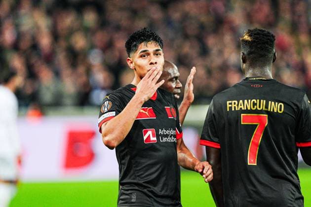 Torjubel nach Tor zum 1:0 Dario Osorio (FC Midtjylland, 11) DEN, FC Midtjylland vs. TSG 1899 Hoffenheim, Fussball, UEFA Europa League, Spieltag 1, Spielzeit 2024 25, 25.09.2024 DEN, FC Midtjylland vs. TSG 1899 Hoffenheim, Fussball, UEFA Europa League, Spieltag 1, Spielzeit 2024 25, 25.09.2024 Herning Copyright: xEibner-Pressefoto MarcelxvonxFehrnx EP_MFN