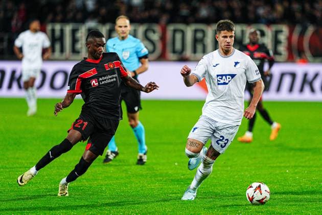 Denil Castillo (FC Midtjylland, 21), Adam Hlozek (TSG 1899 Hoffenheim, 23) DEN, FC Midtjylland vs. TSG 1899 Hoffenheim, Fussball, UEFA Europa League, Spieltag 1, Spielzeit 2024 25, 25.09.2024 DEN, FC Midtjylland vs. TSG 1899 Hoffenheim, Fussball, UEFA Europa League, Spieltag 1, Spielzeit 2024 25, 25.09.2024 Herning Copyright: xEibner-Pressefoto MarcelxvonxFehrnx EP_MFN