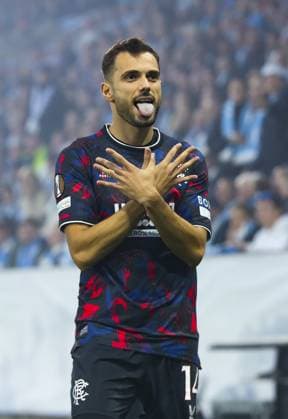 Nedim Bajrami of Rangers celebrates scoring his sides first goal during UEFA Europa League match at Eleda Stadion. Malmo v Rangers, UEFA Europa League, Group Stage, Football, Eleda Stadion, Malmo, Sweden - 26 Sep 2024 EDITORIAL USE ONLY No use with unauthorised audio, video, data, fixture lists, club league logos or live services. Online in-match use limited to 120 images, no video emulation. No use in betting, games or single club league player publications. Copyright: xKirkxO Rourke RangersxFC Shutterstockx 14741007aa