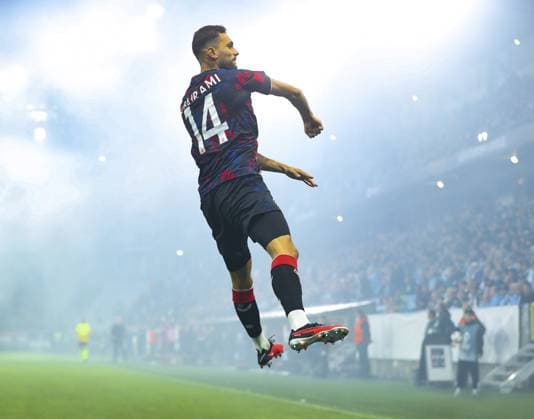 Nedim Bajrami of Rangers celebrates scoring his sides first goal during UEFA Europa League match at Eleda Stadion. Malmo v Rangers, UEFA Europa League, Group Stage, Football, Eleda Stadion, Malmo, Sweden - 26 Sep 2024 EDITORIAL USE ONLY No use with unauthorised audio, video, data, fixture lists, club league logos or live services. Online in-match use limited to 120 images, no video emulation. No use in betting, games or single club league player publications. Copyright: xKirkxO Rourke RangersxFC Shutterstockx 14741007y