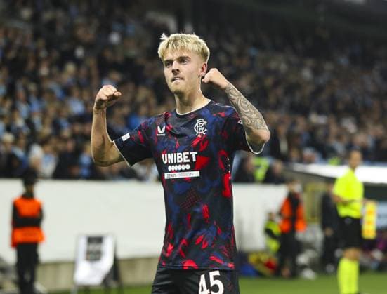 Ross McCausland of Rangers celebrates scoring his sides second goal during UEFA Europa League match at Eleda Stadion. Malmo v Rangers, UEFA Europa League, Group Stage, Football, Eleda Stadion, Malmo, Sweden - 26 Sep 2024 EDITORIAL USE ONLY No use with unauthorised audio, video, data, fixture lists, club league logos or live services. Online in-match use limited to 120 images, no video emulation. No use in betting, games or single club league player publications. Copyright: xKirkxO Rourke RangersxFC Shutterstockx 14741007bx